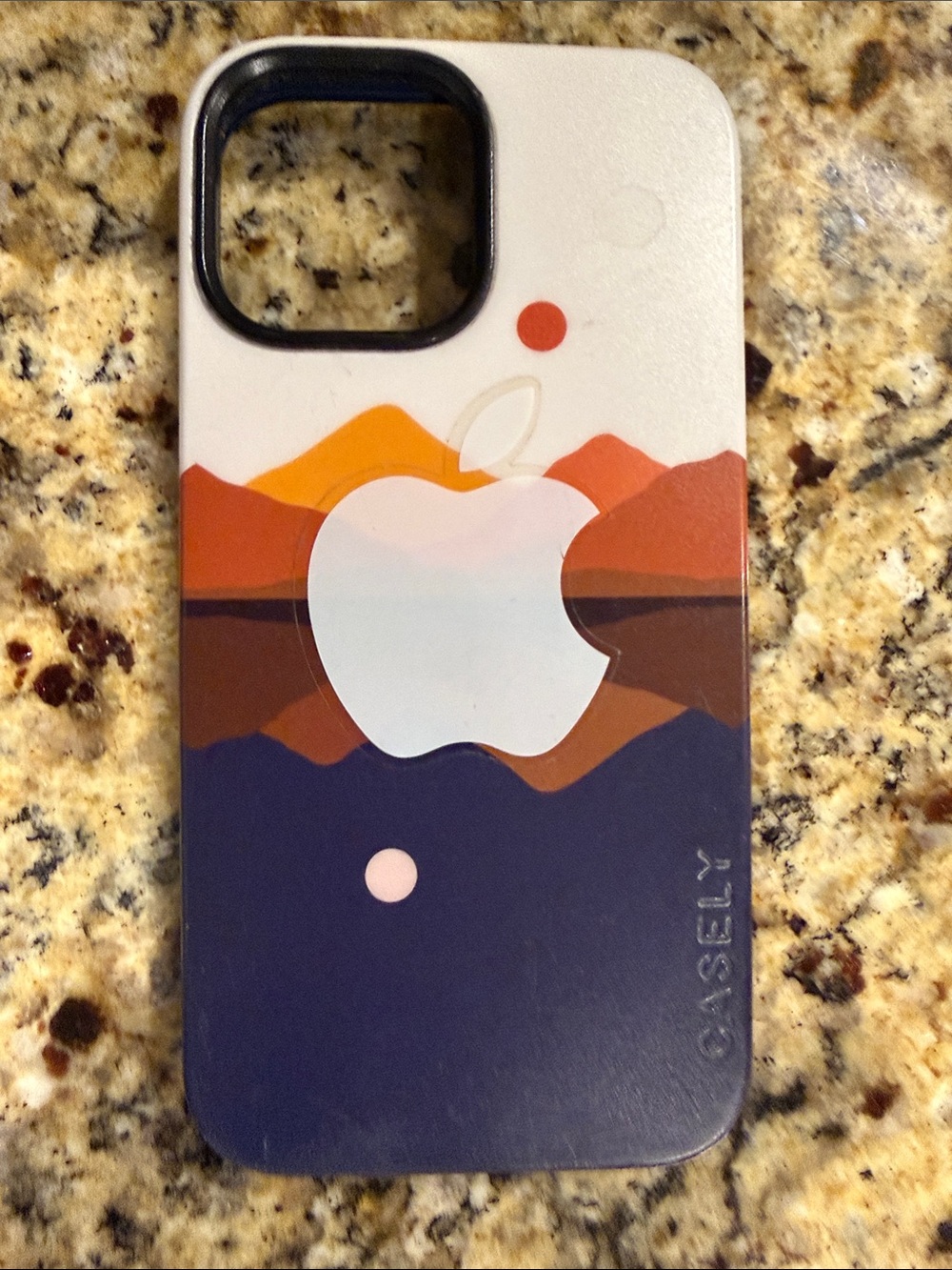 Casely Apple iPhone 14 Case in White, Navy & Orange Mountain Graphic